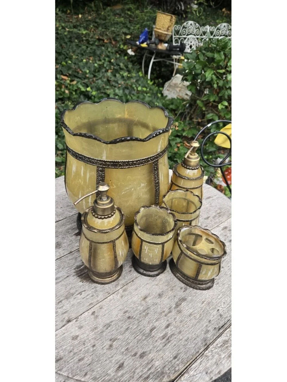 Greenish GOLD 6 Piece Bathroom Set Glass? Or Acrylic Metal Trim. Read